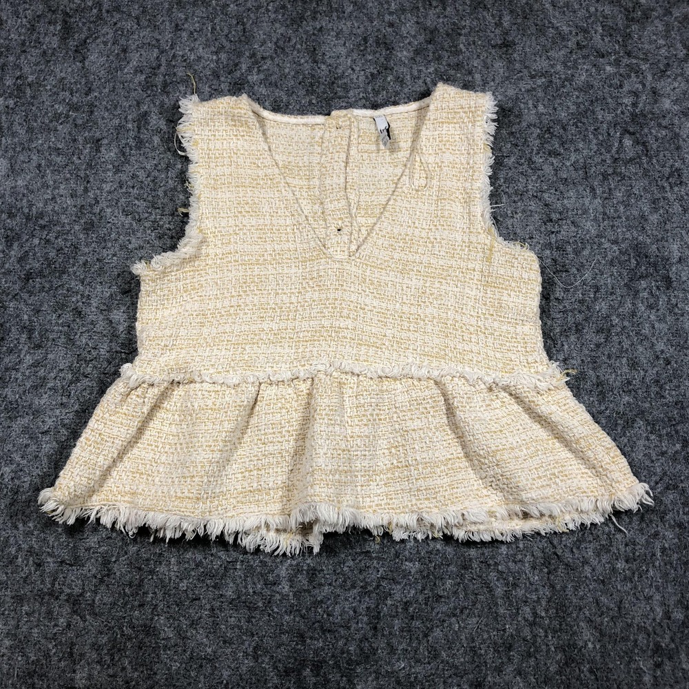 Zara TRF Blouse Womens Small White Tweed Sleeveless Fringe Peplum Top Ruffle